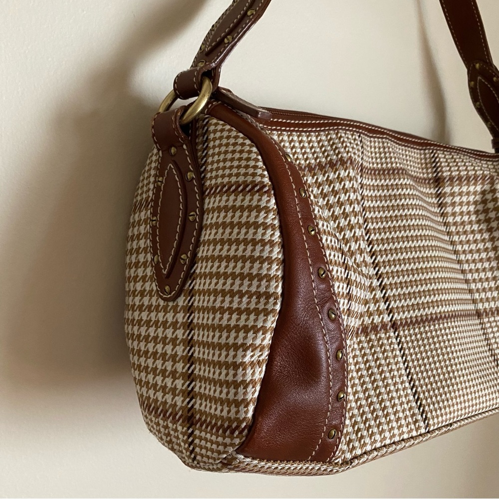 Lauren Ralph Lauren Houndstooth Barrel Shoulder Bag Brown Cream Y2K - Picture 4 of 5